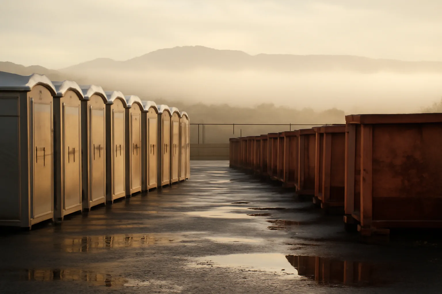 Gravel site services yard with toilets and empty containers at dawn