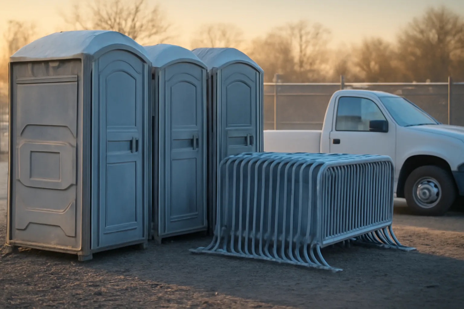 Dawn gravel site services yard with portable restrooms and a truck