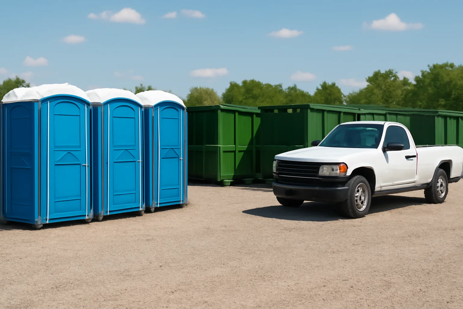 Blue portable toilets and green roll-off dumpsters in an Alabama site services yard.