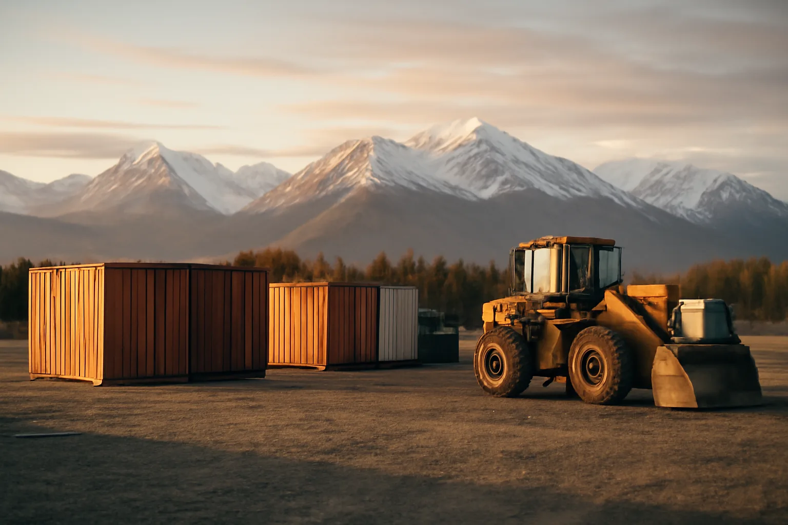 Alaska site services yard with equipment and containers, mountains behind