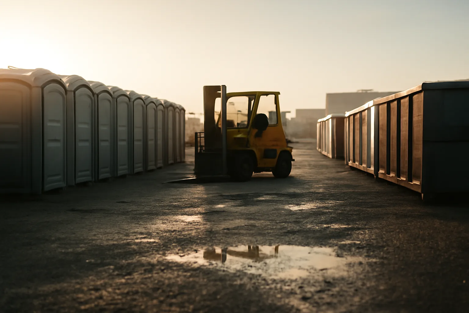 Site services yard at dawn with restrooms and roll-off boxes