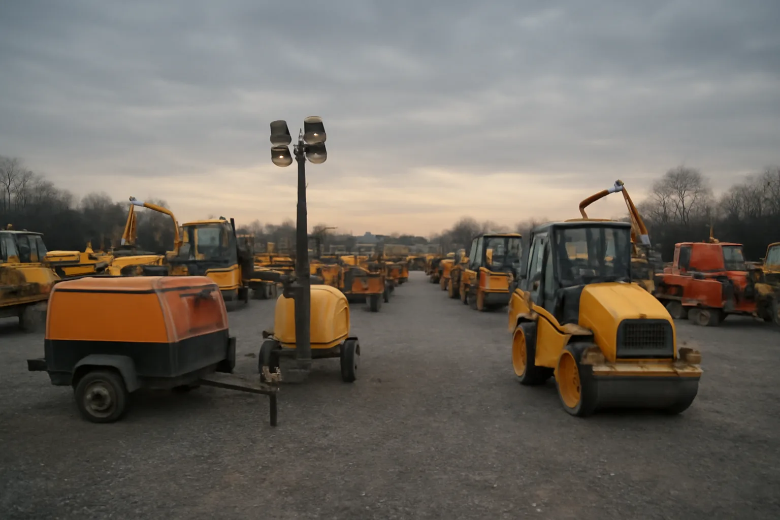 Contractor storage yard with equipment rows on gravel under overcast Connecticut sky