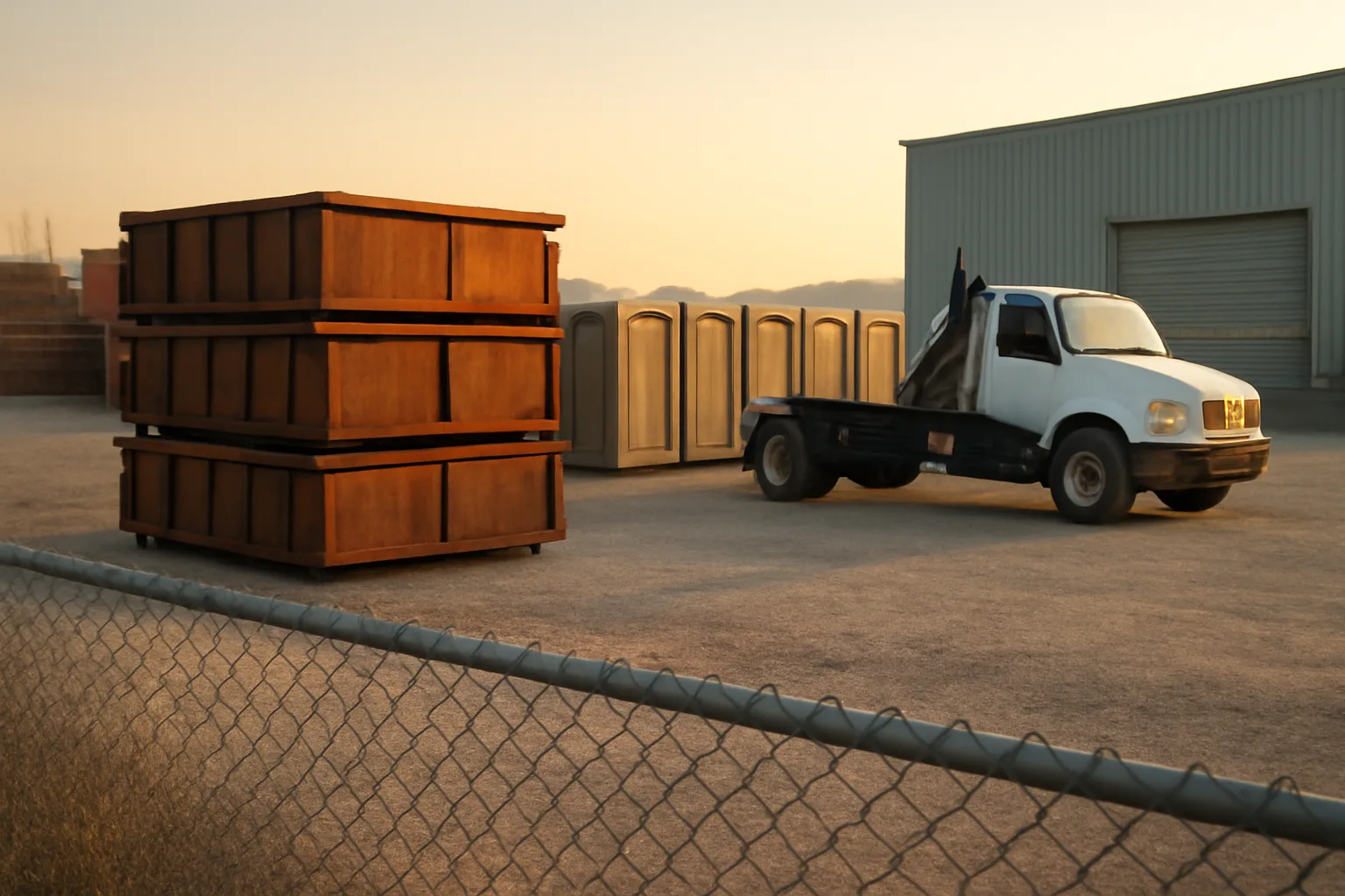 Unmarked truck and dumpsters in a gravel site services yard