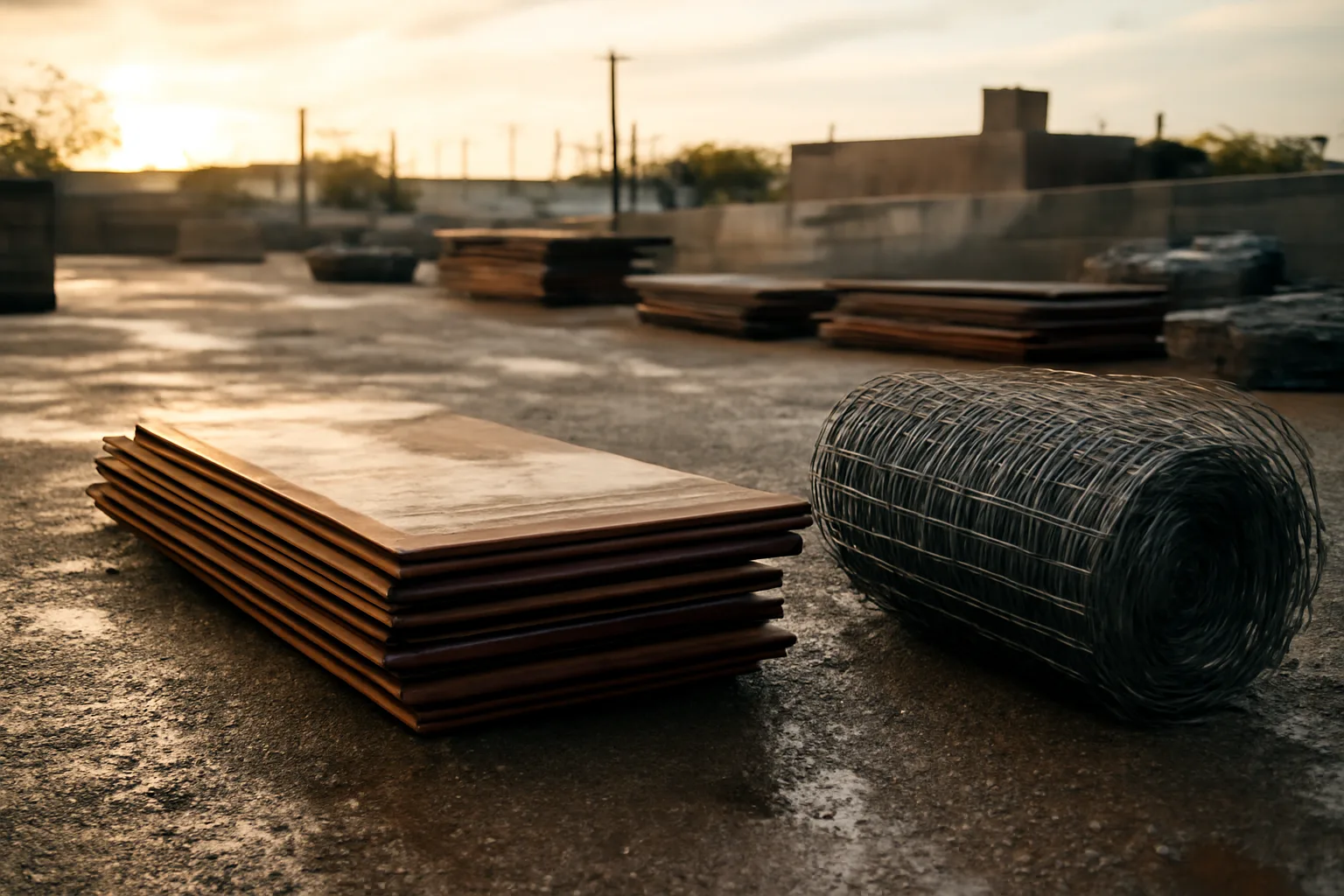Stacked plates on a gravel site services yard at sunrise