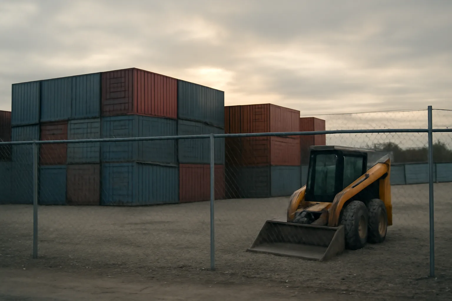 Fenced gravel site services yard with stacked containers in Anchorage, Alaska.