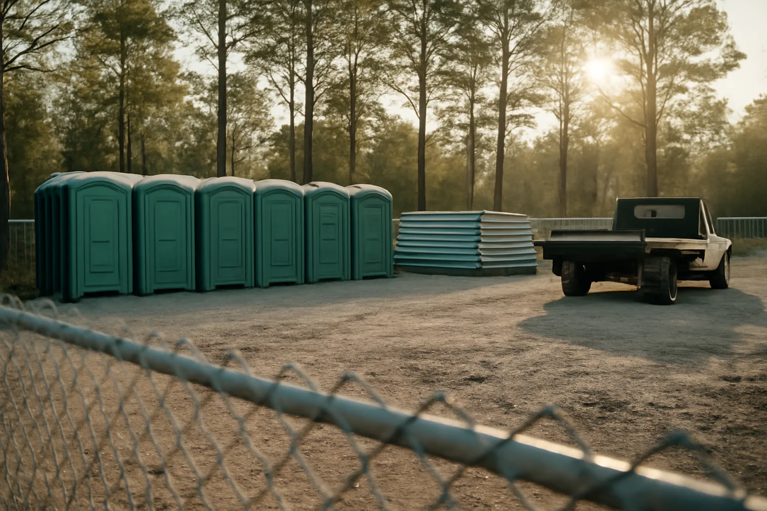 Portable toilets and flatbed truck in a fenced Alabama service yard