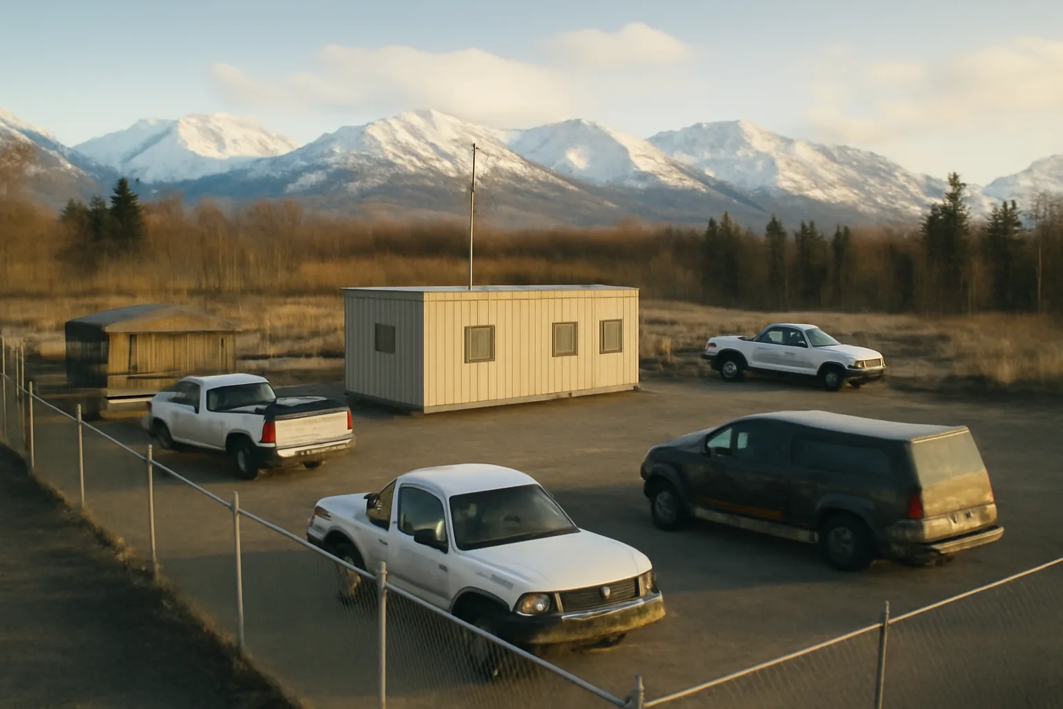 Aerial view of a small fenced gravel yard with trucks and mountains in Alaska