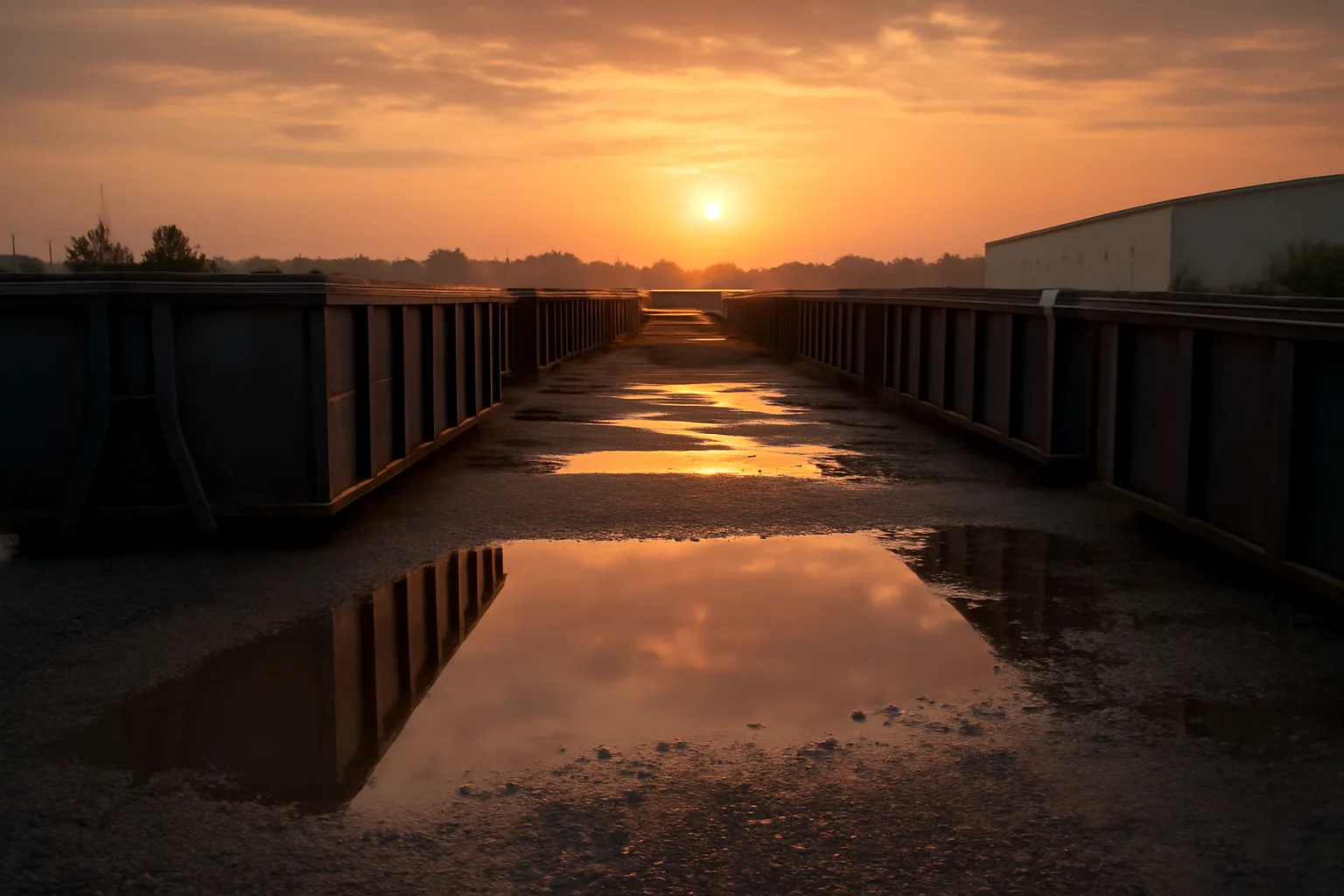 Gravel site services yard with steel roll-off boxes at sunrise