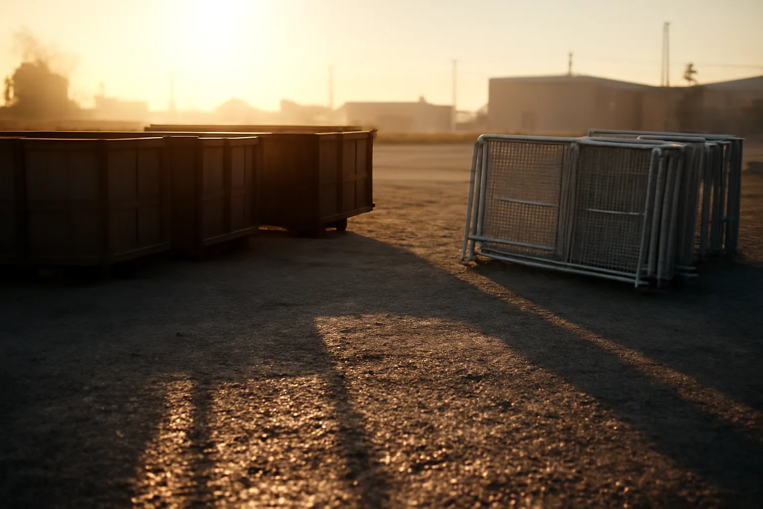 Gravel site services yard at sunrise with fence panels and steel boxes