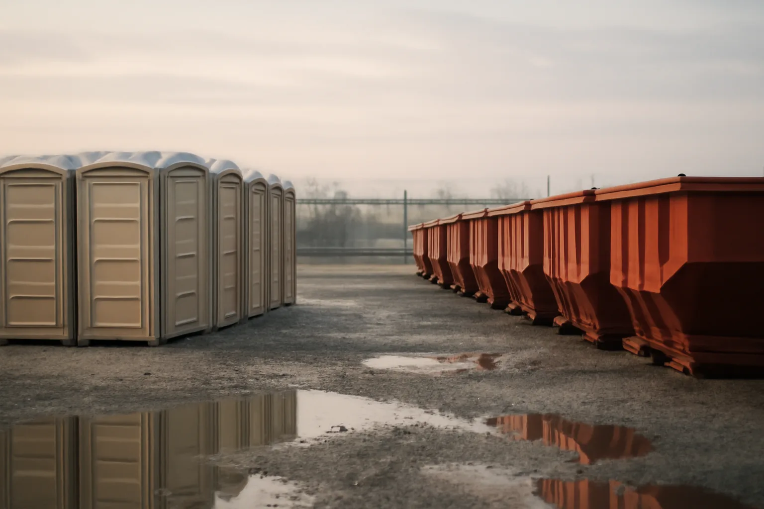 Gravel site services yard with toilets and roll-offs at dawn