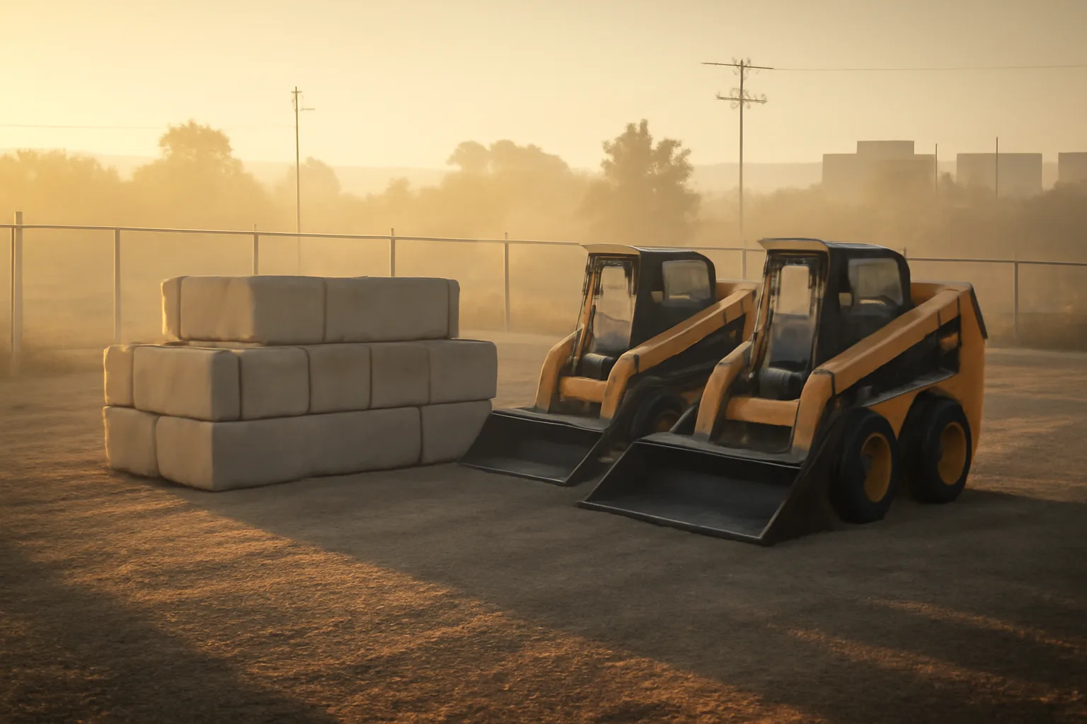 Gravel site services yard with barriers and loaders at dawn