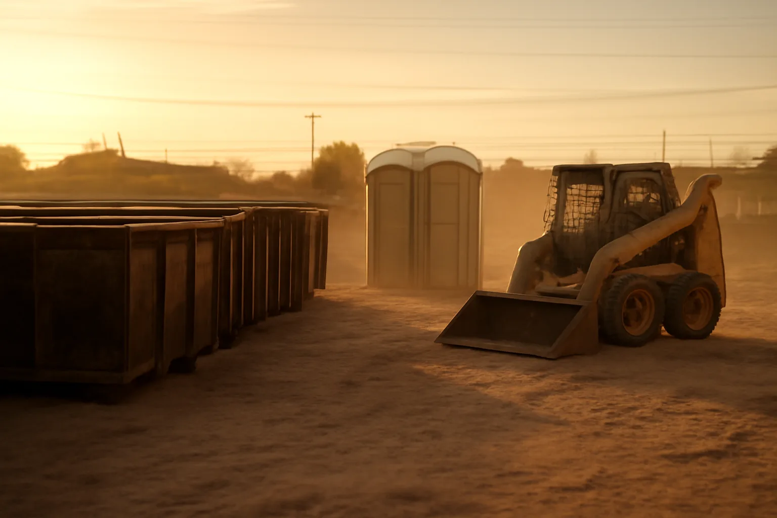 Empty roll-off boxes at a site services yard in late sun