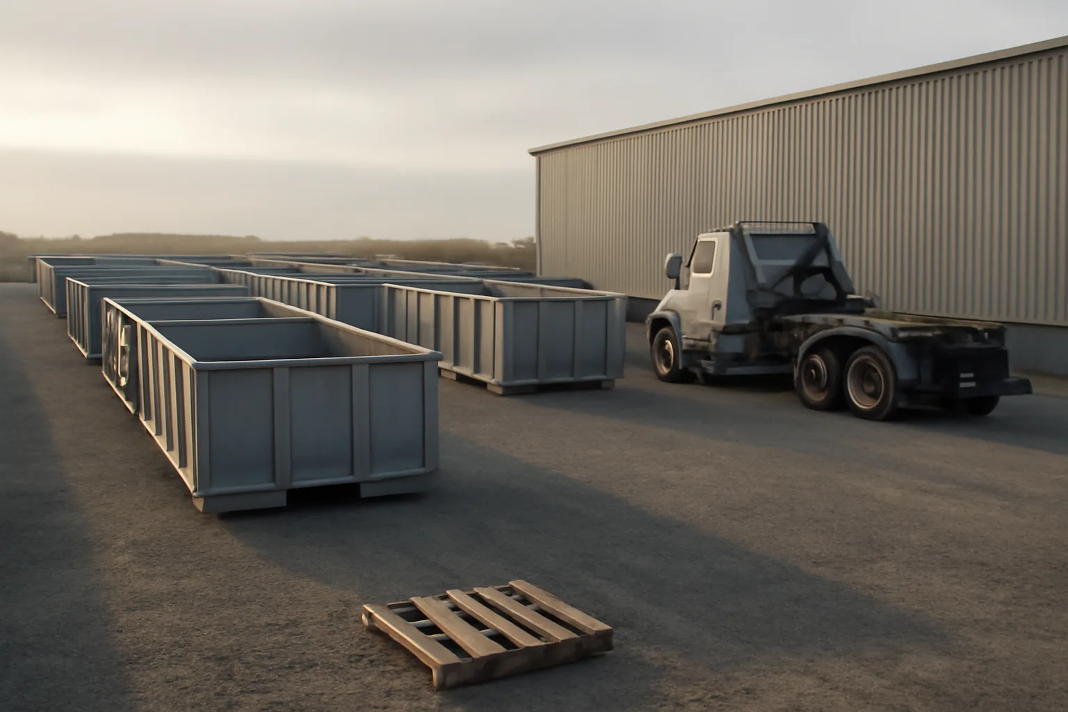 Overcast dawn at a gravel site services yard with steel boxes