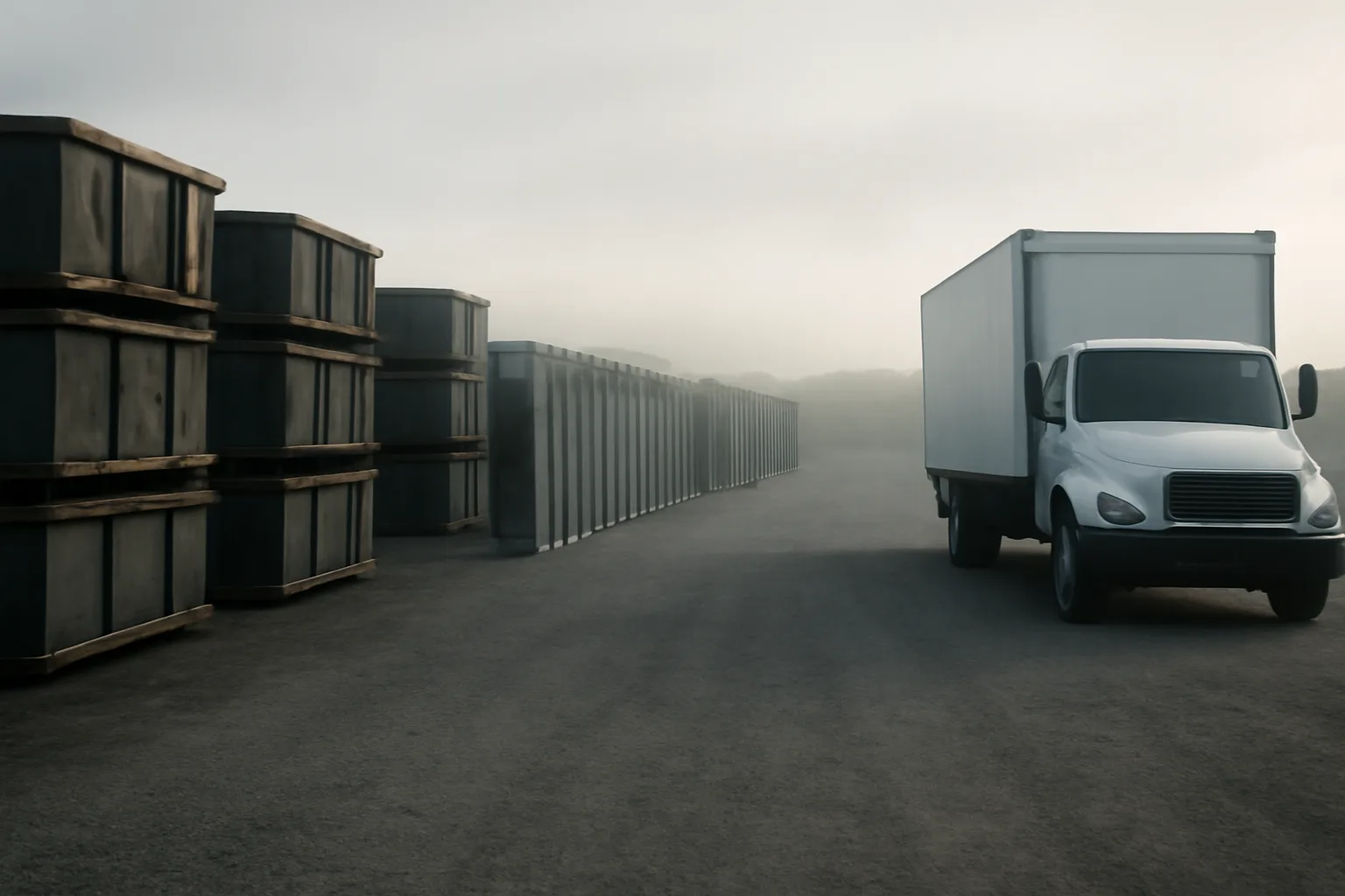 Site services yard gravel lot with roll-off boxes at dawn