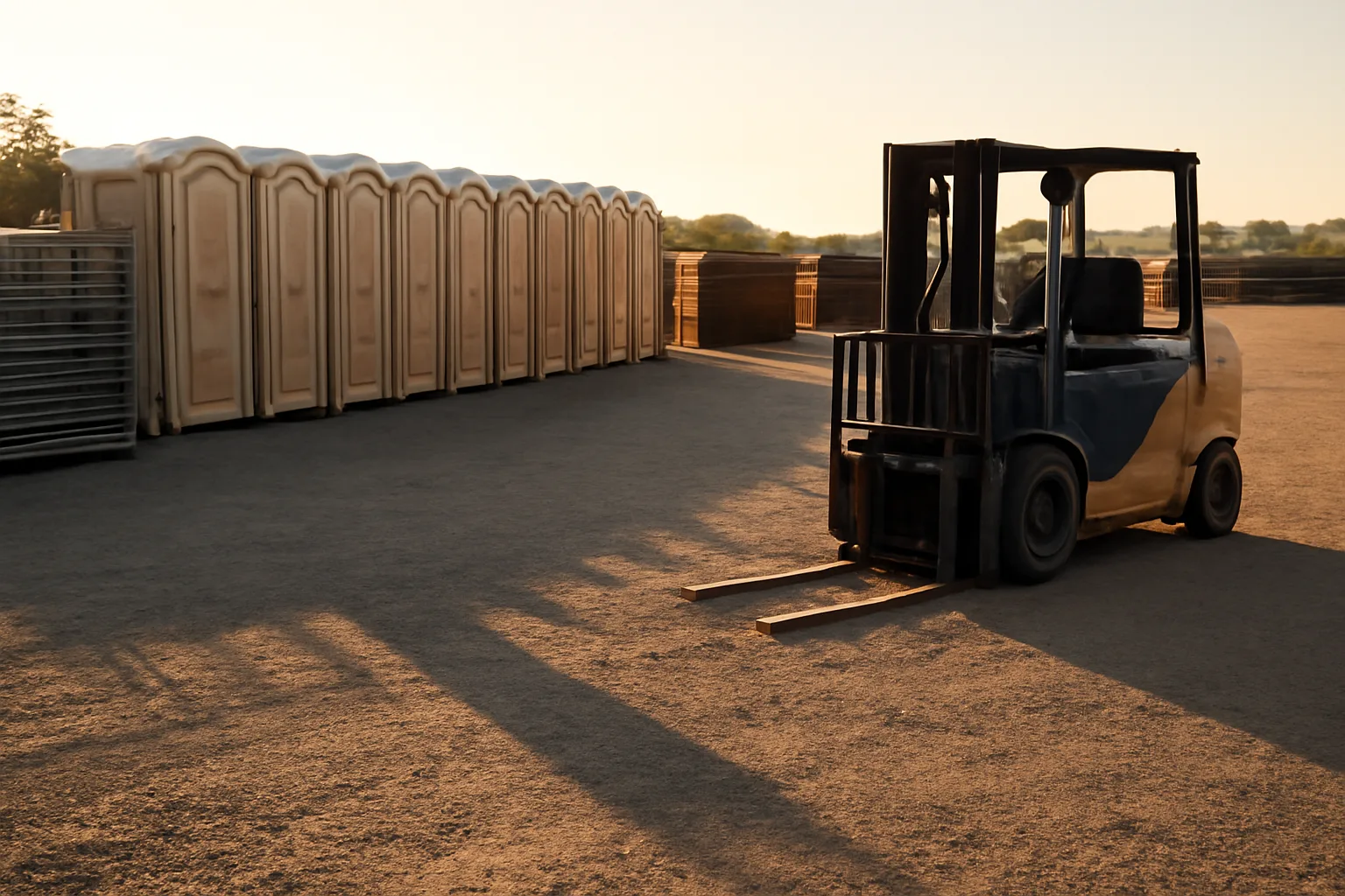 Gravel site services yard with toilets, dumpsters, and fence panels at dawn
