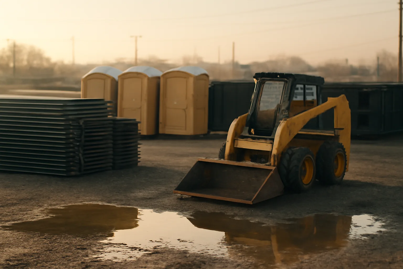 Gravel site services yard with toilets, fence panels, and equipment