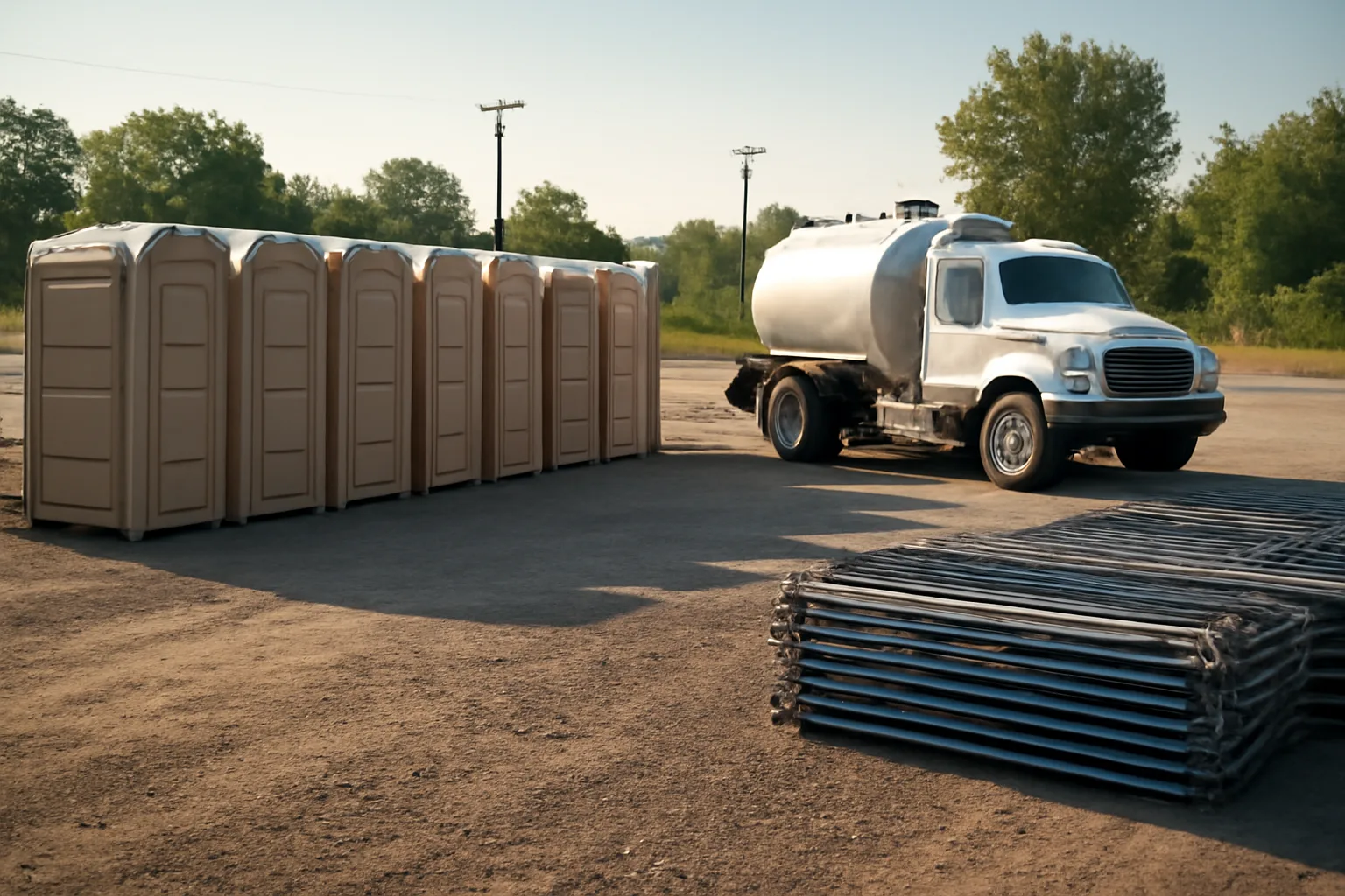 Beige portable restrooms and a tank truck on a gravel site services yard