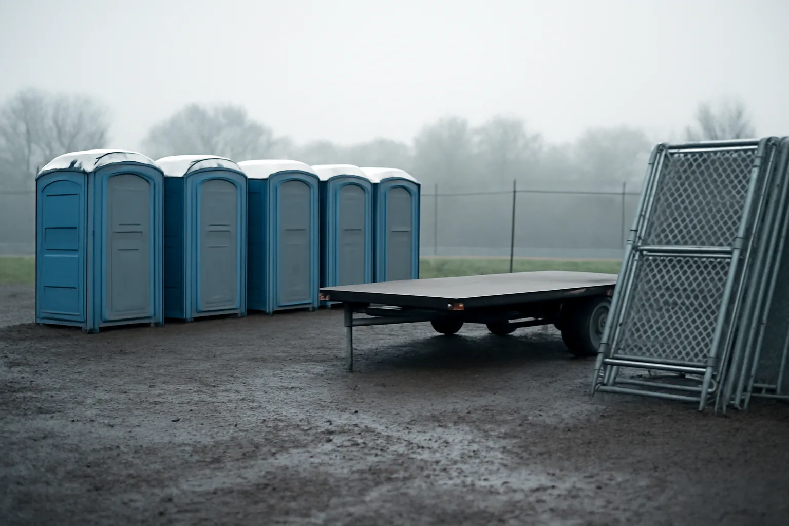Site services yard lot with toilets, trailer, and fence panels