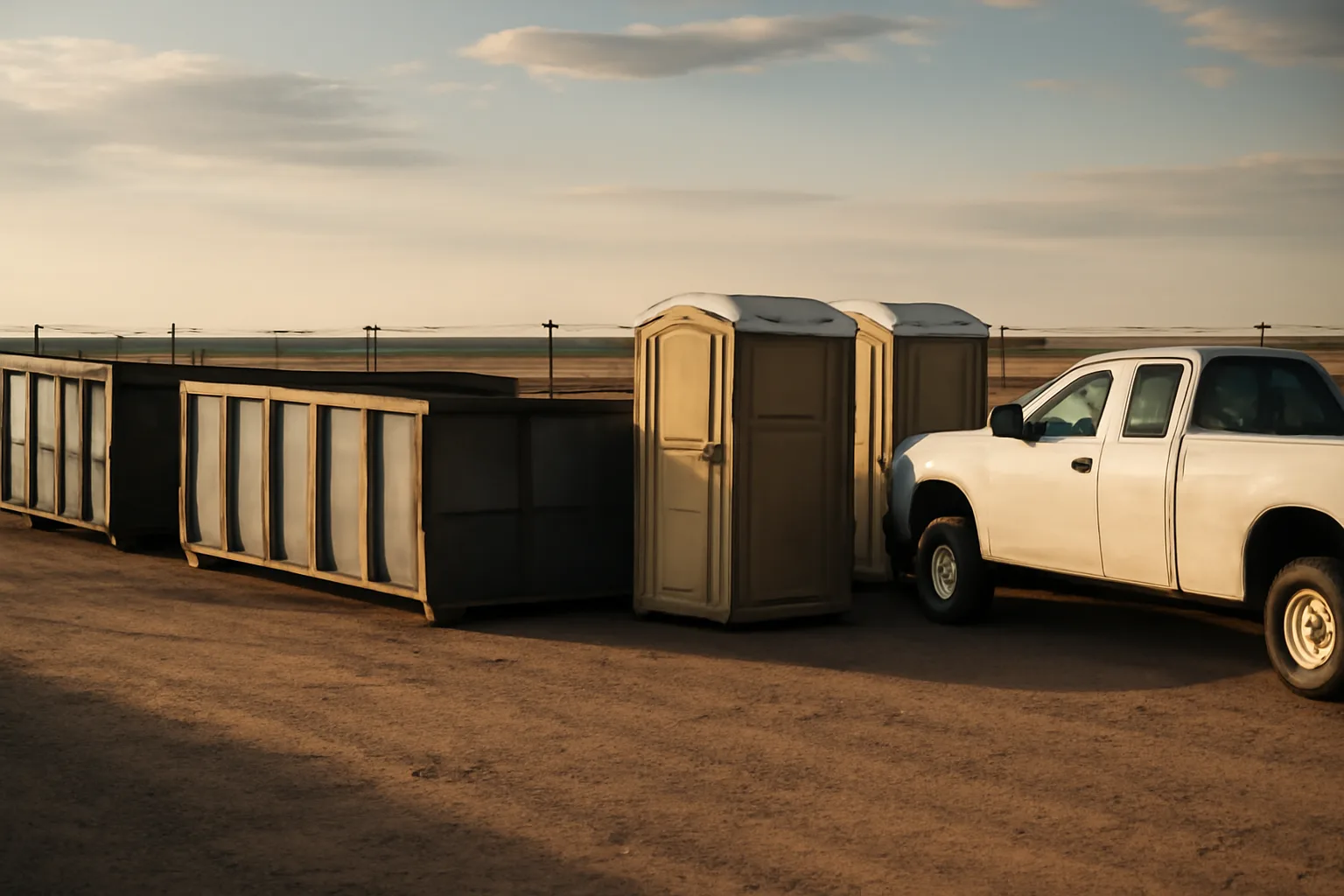 Unmarked dumpsters and toilets on a gravel site services yard