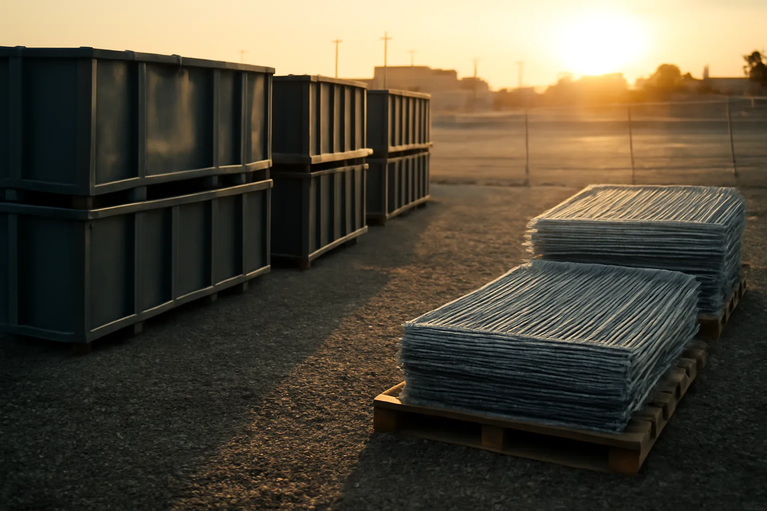 Empty steel roll-off boxes on wet gravel at a site services yard