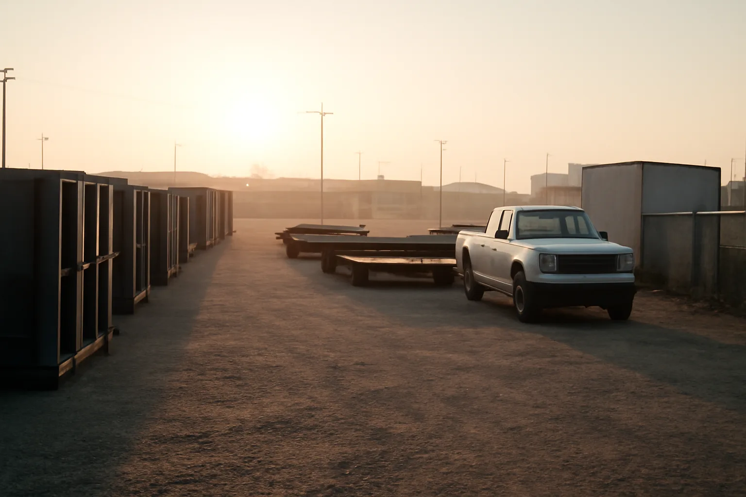Gravel site services yard with roll-off boxes and trailers at dawn