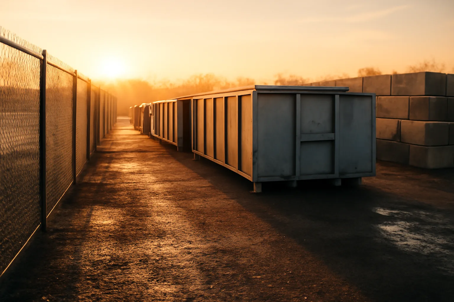 Sunrise over a gravel site services yard with steel roll-off boxes