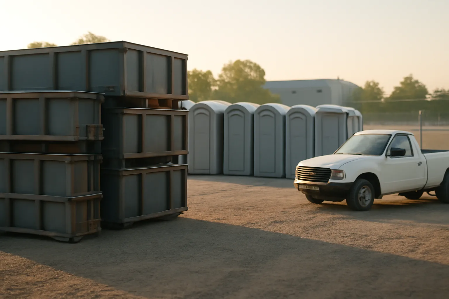 Stacked roll-off boxes and portable toilets in a gravel site services yard