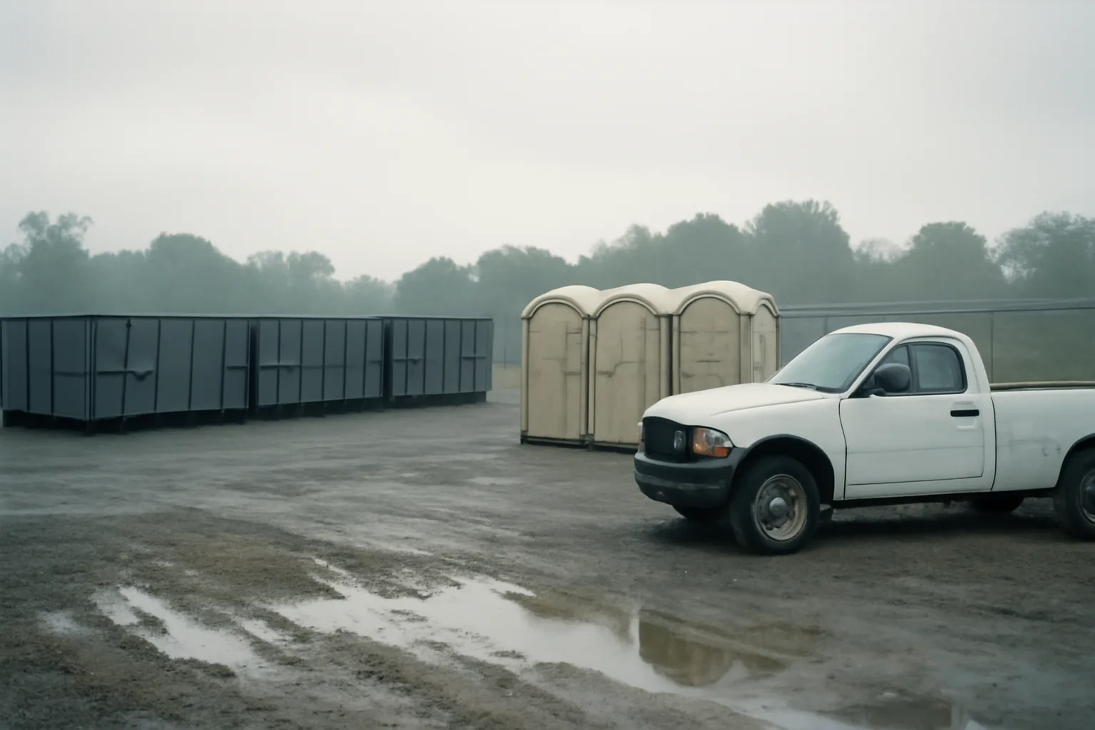 Gravel site services yard with toilets and steel boxes at dawn