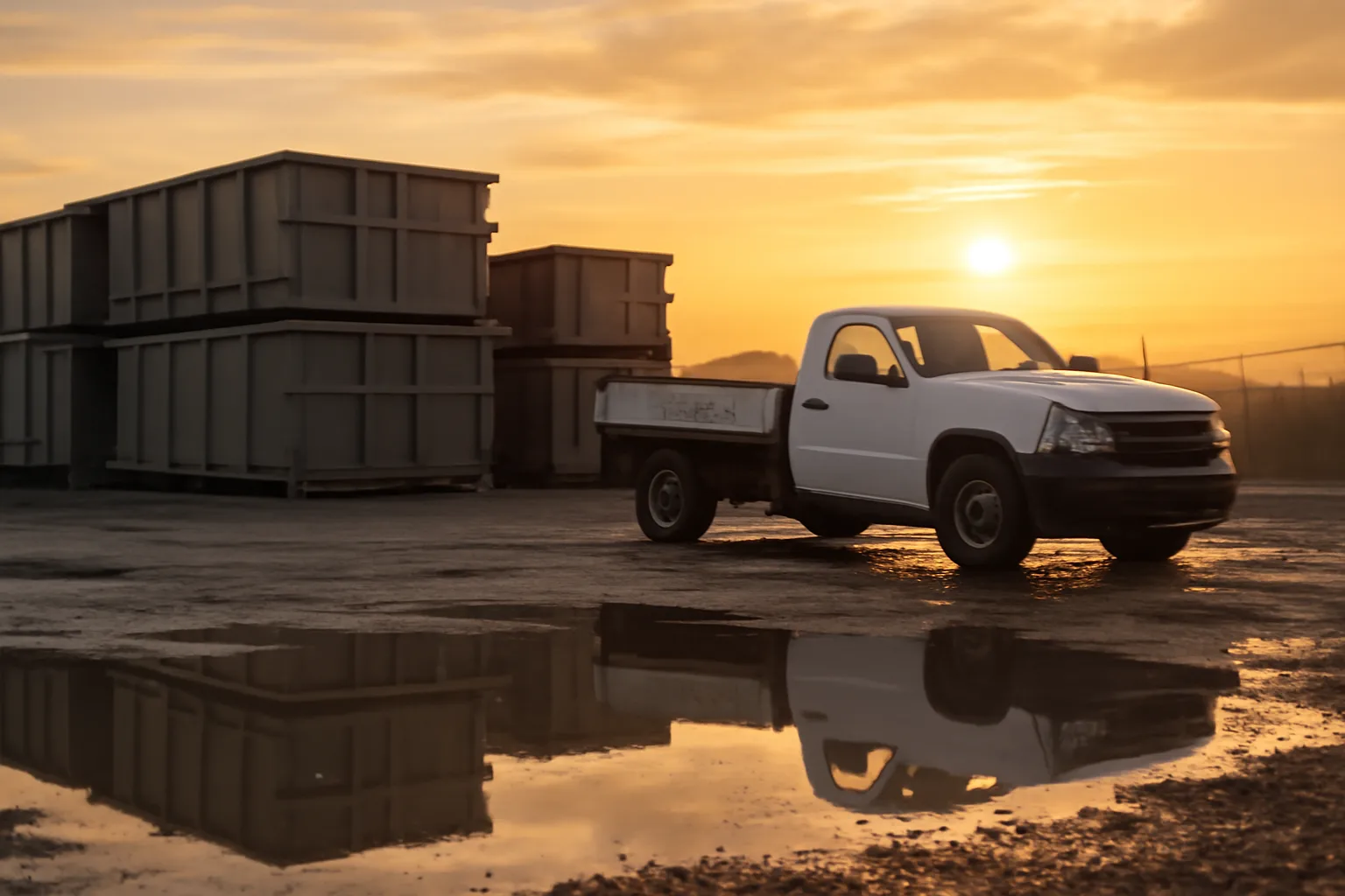 Dawn gravel lot with steel boxes at a site services yard