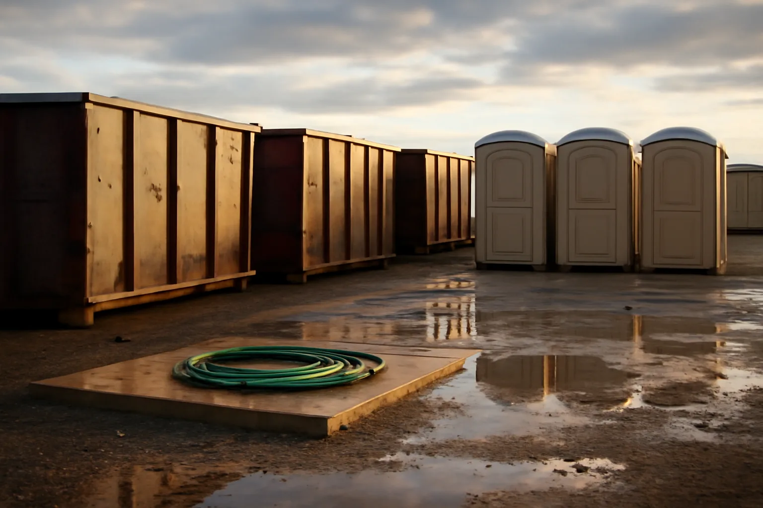 Rain-wet site services yard with roll-off boxes and toilets