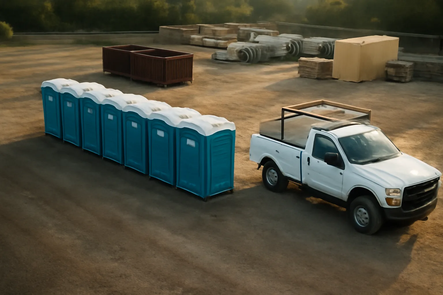 Alabama site services yard with portable toilets and service truck