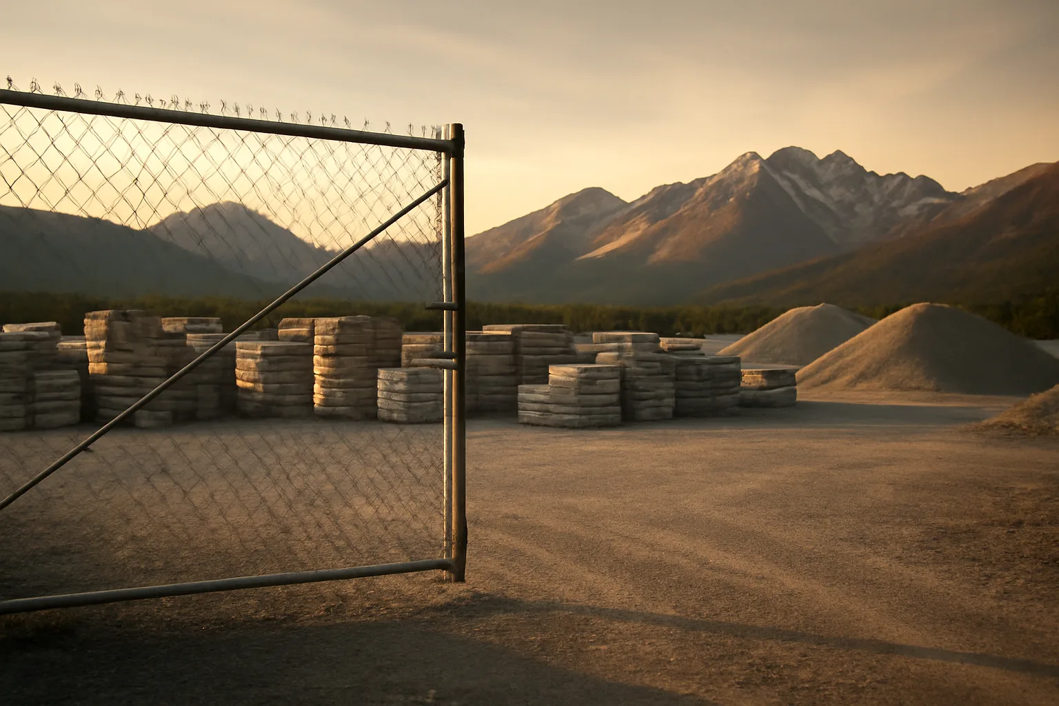 Gravel site services yard with materials and fence, mountains in background