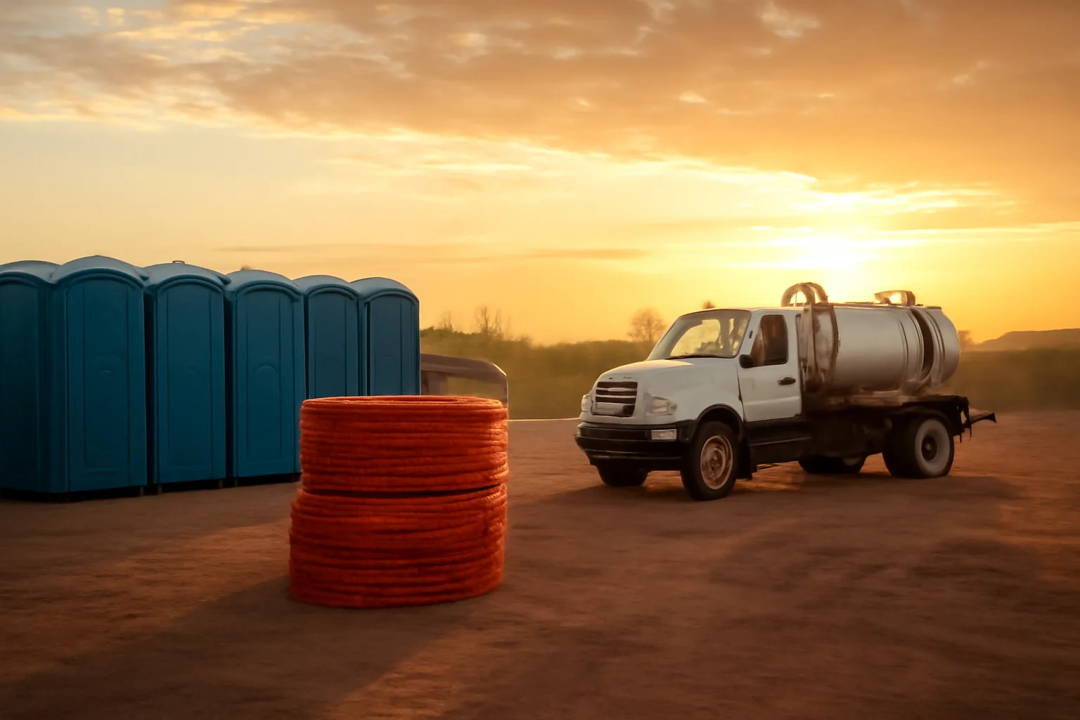 Arizona site services yard with portable toilets and fencing under desert sun