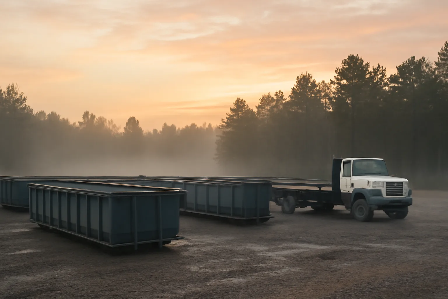 Dawn gravel site services yard in Arkansas with steel roll-off boxes