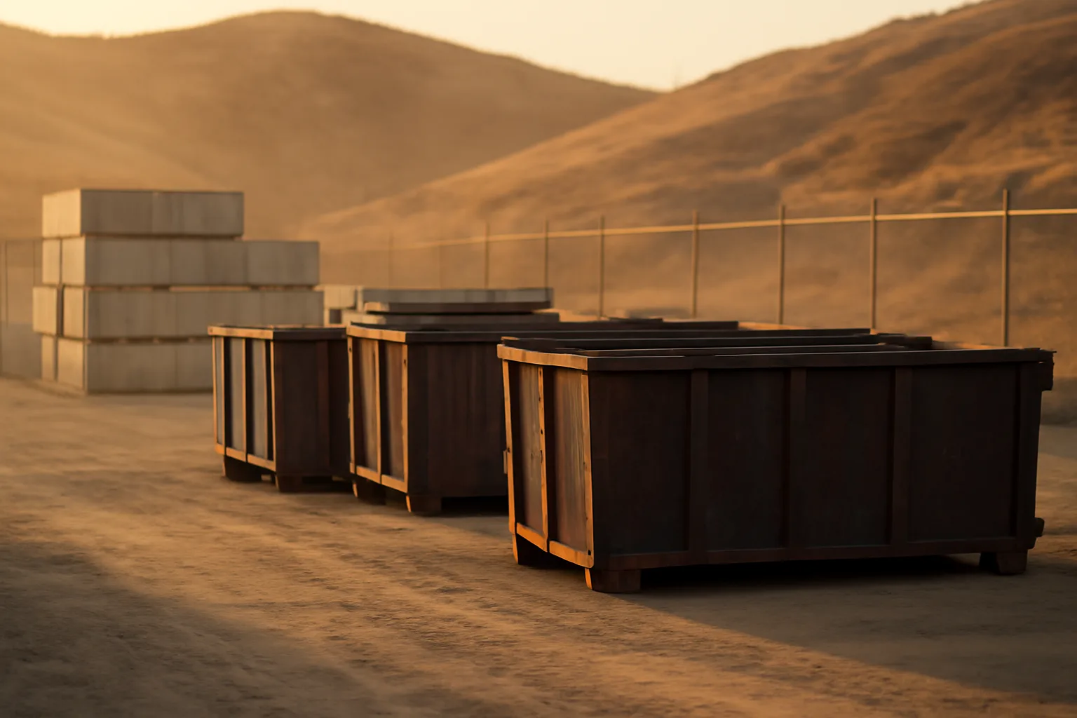 Packed earth California site services yard with steel boxes at dusk