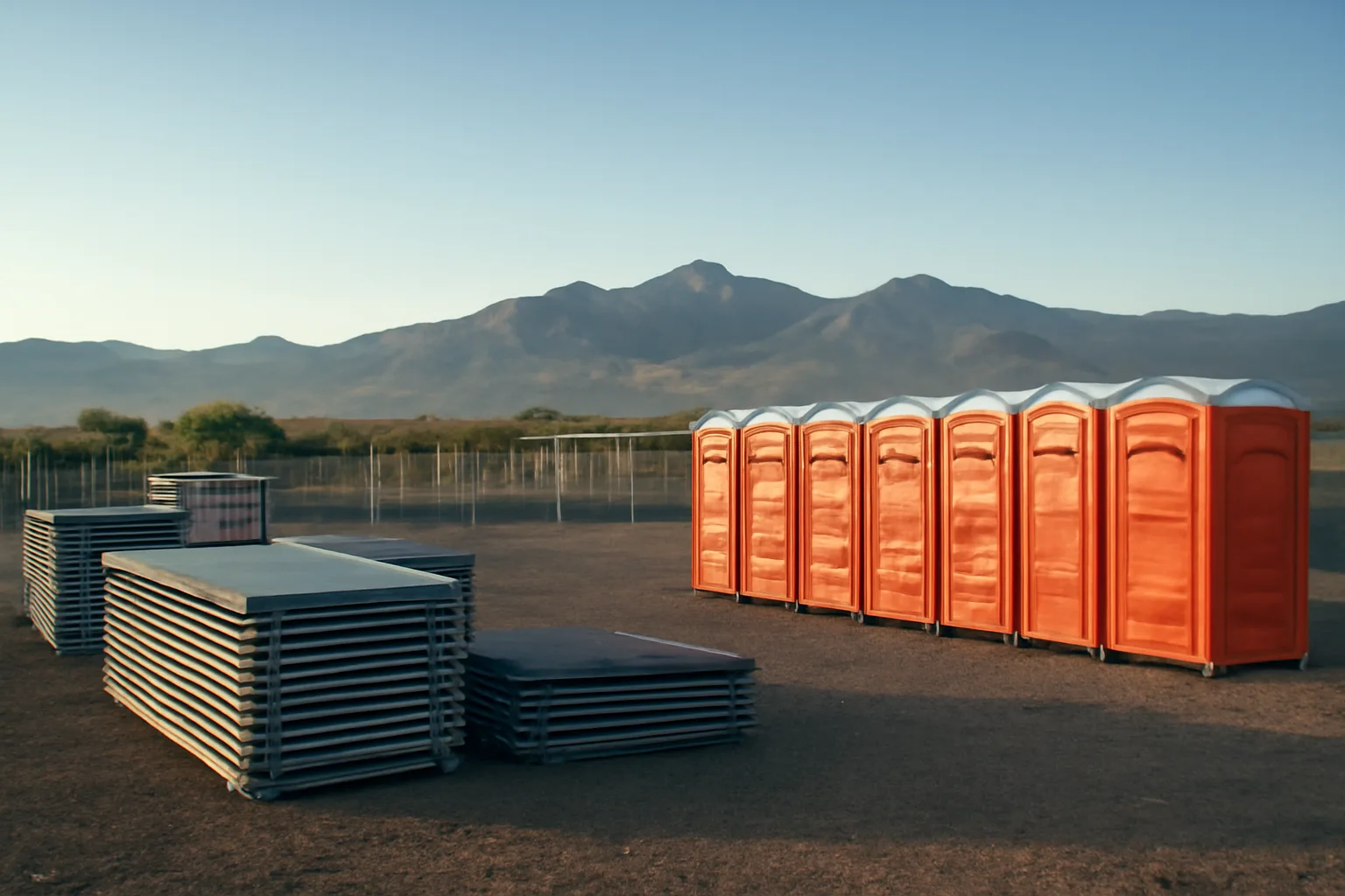 Colorado site services yard with portable toilets and fencing panels on gravel at dawn