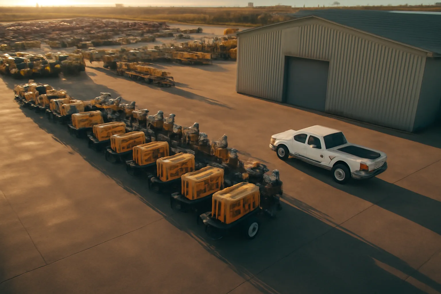 Aerial view of a site services yard with staged equipment and service truck at golden hour