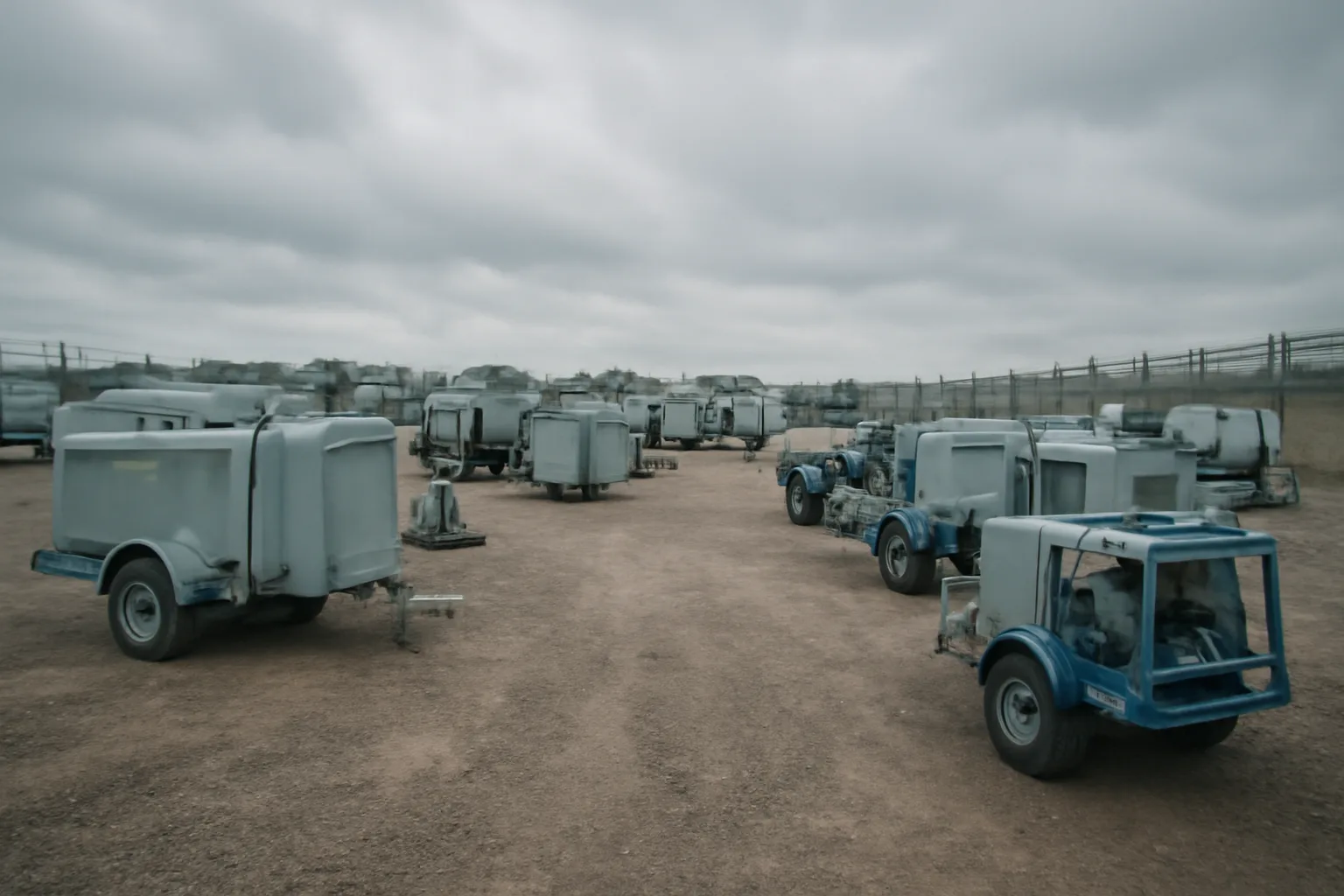 Gravel site services yard in Delaware with rows of portable equipment at dawn