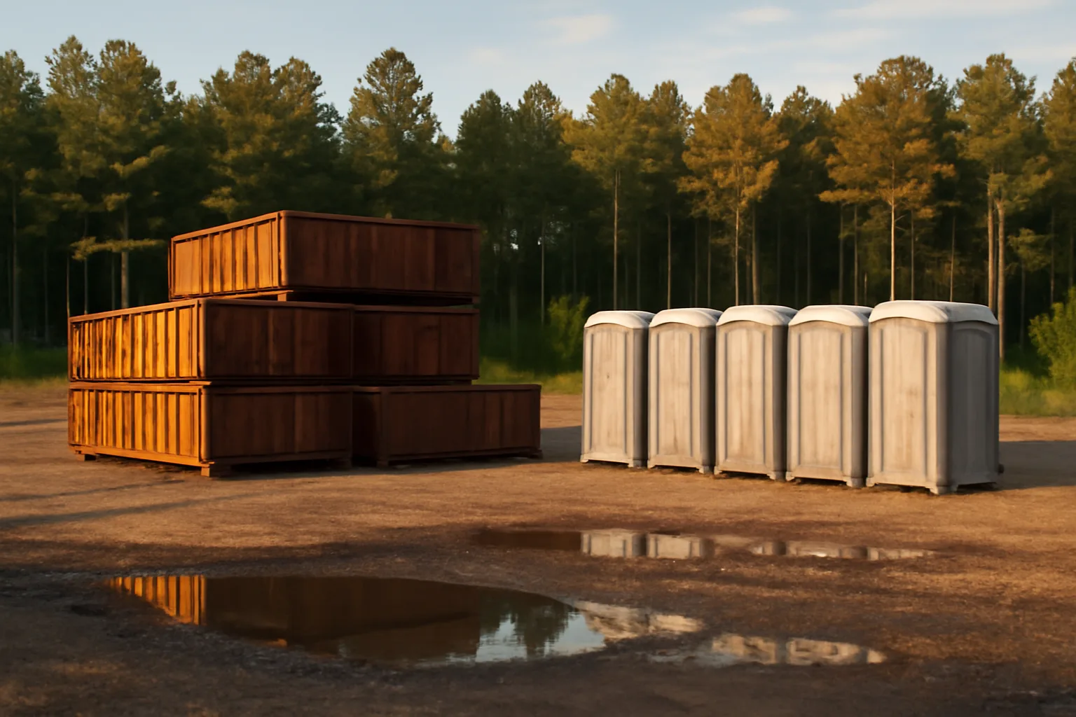 Arkansas site services yard with stacked empty boxes in pine shade