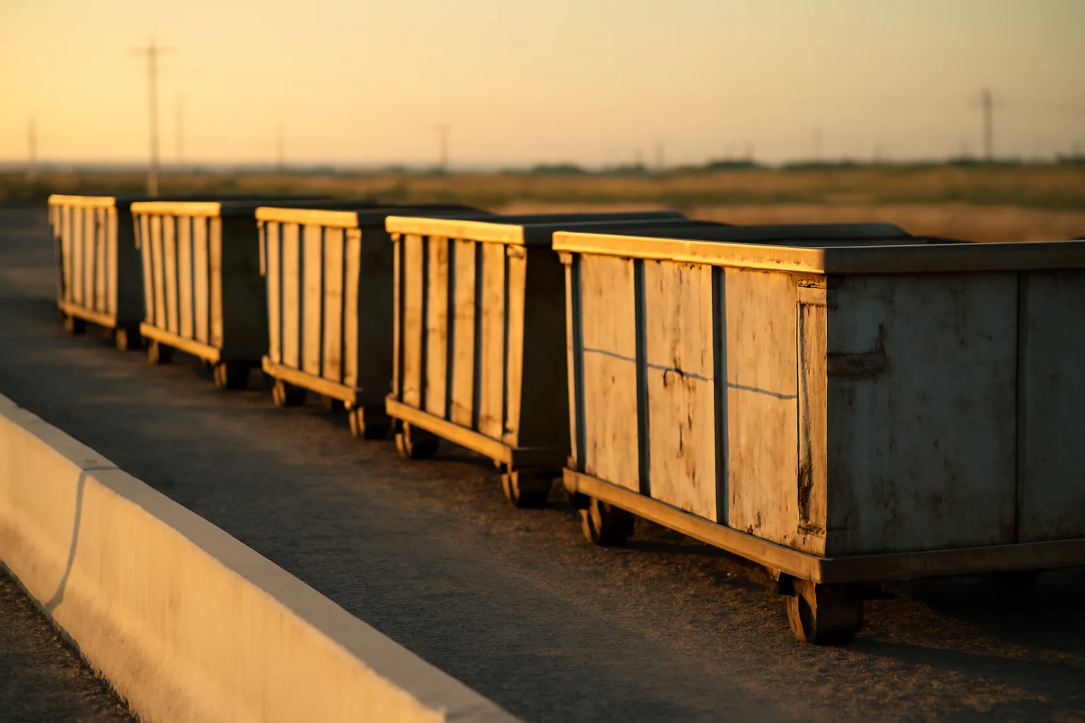 Empty roll-off containers on a gravel California site services yard