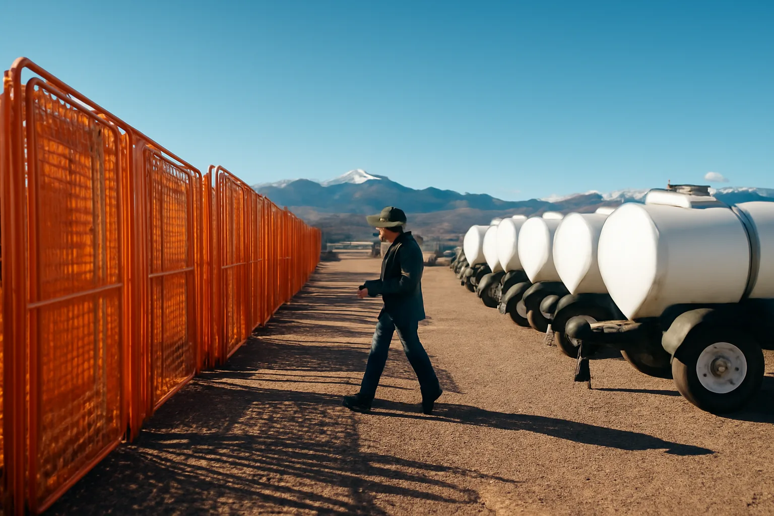 Colorado site services yard with portable fencing and trailers staged on gravel under mountain sky