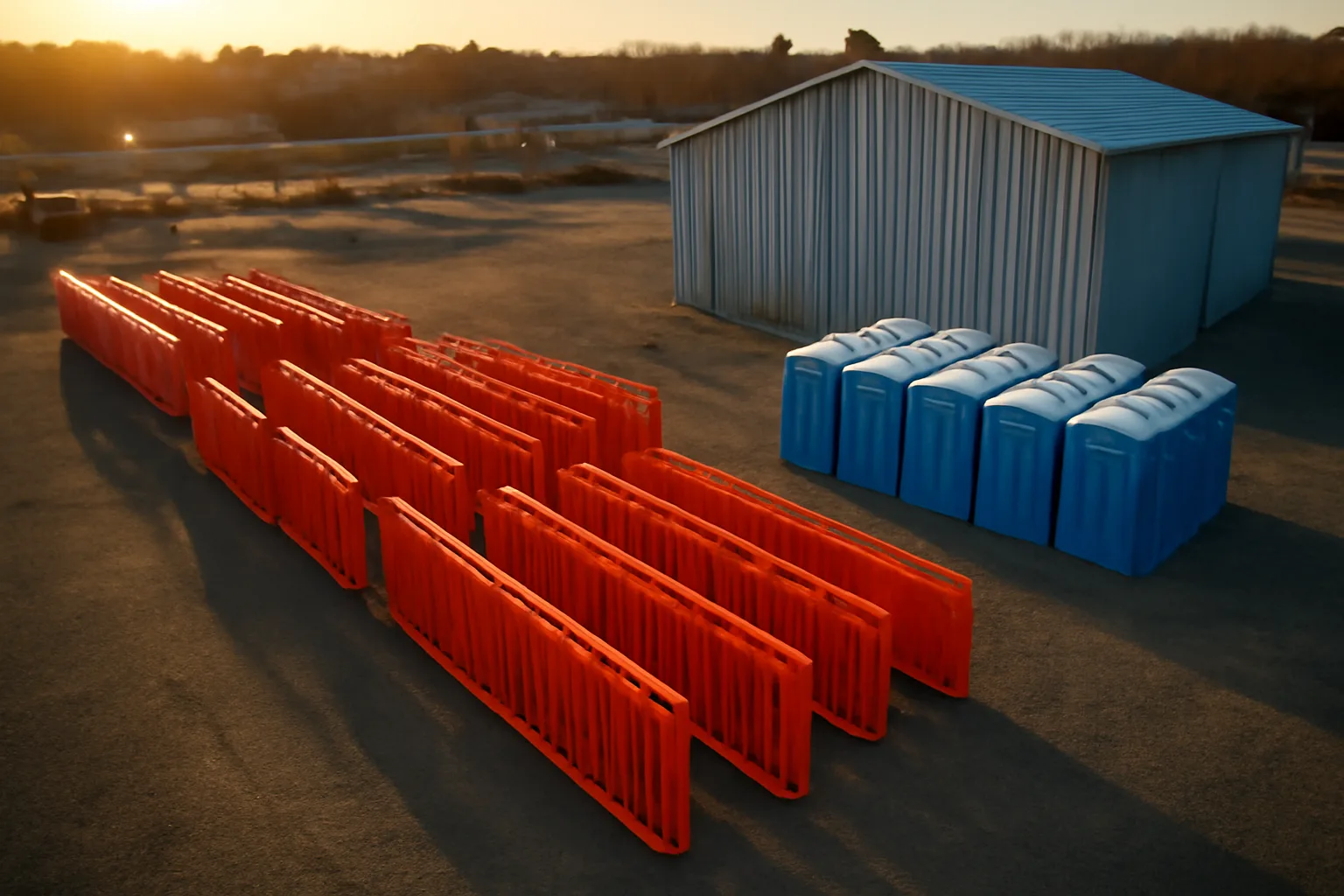 Connecticut site services yard with equipment rows and storage building at golden hour