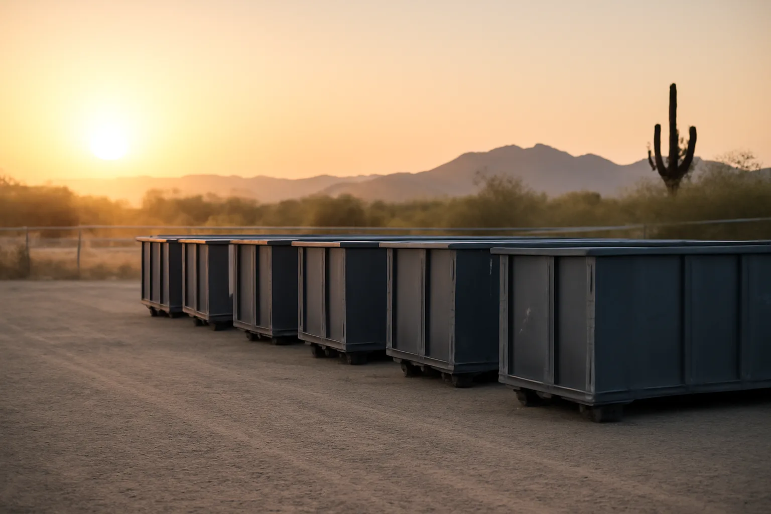 Unmarked roll-off containers on a gravel Arizona site services yard