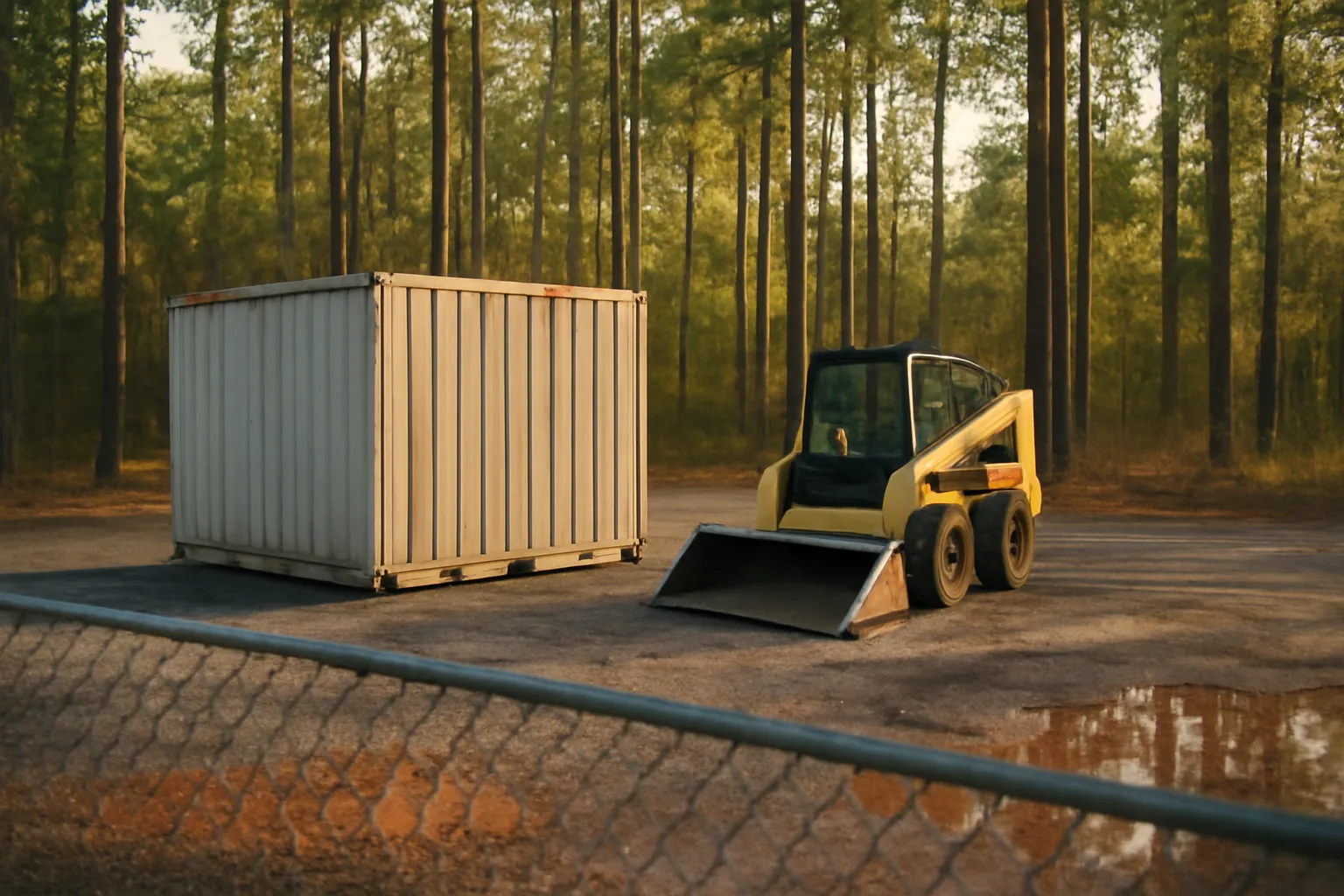 Fenced gravel site services yard in Arkansas pines after rain