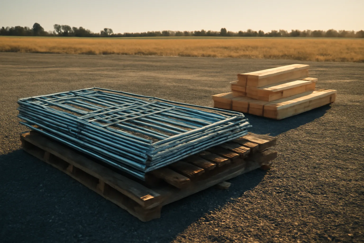 Gravel California site services yard with stacked steel fence frames