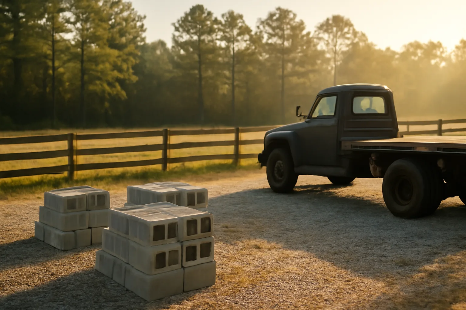 Sunlit gravel site services yard with stacked materials and flatbed truck in Alabama
