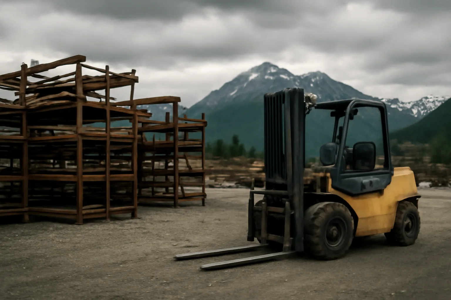 Gravel yard with equipment racks and forklift in Alaska.