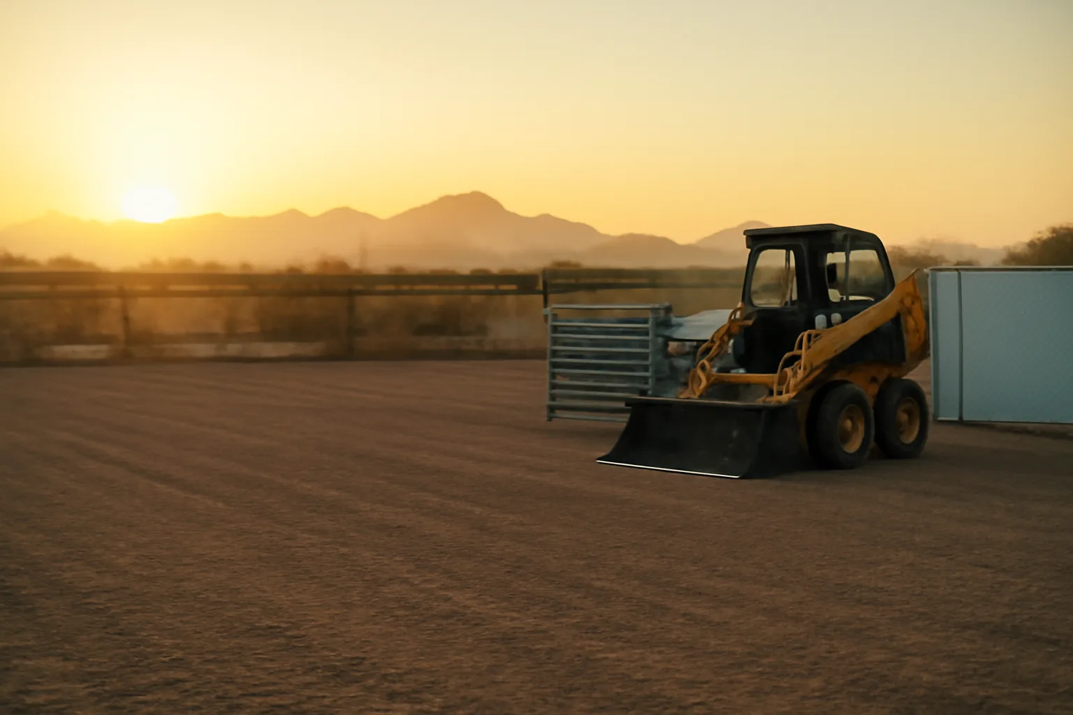 Gravel site services yard in Phoenix with equipment and mountain backdrop