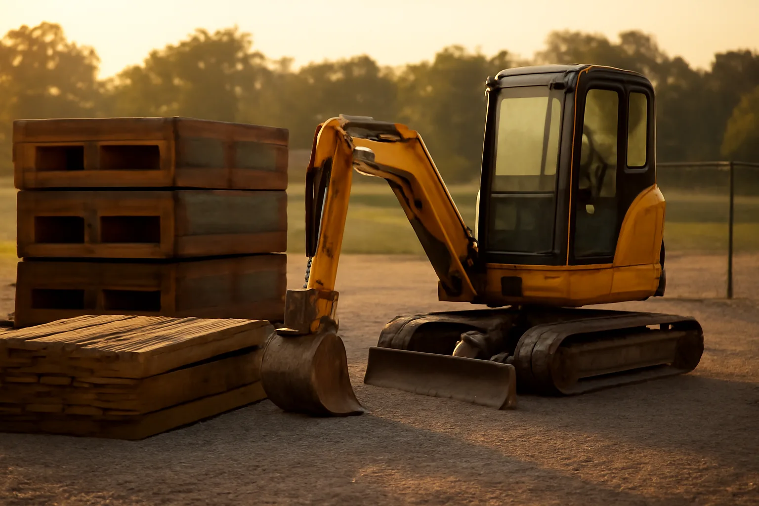 Central Arkansas site services yard with trench boxes and excavator