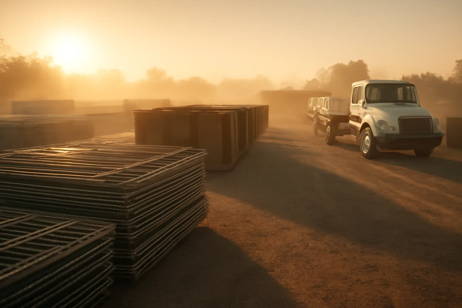Gravel site services yard in California at dawn with stacked bins